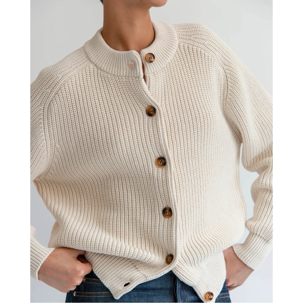 Demy by Demylee Audrey Cardigan Sweater Large Cream Fisherman Chunky Minimalist - Picture 2 of 11